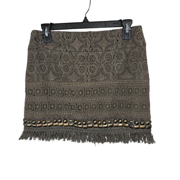 Brown Lace Fringe Beaded Mini Skirt. Leshop. Size Small. - Picture 1 of 7